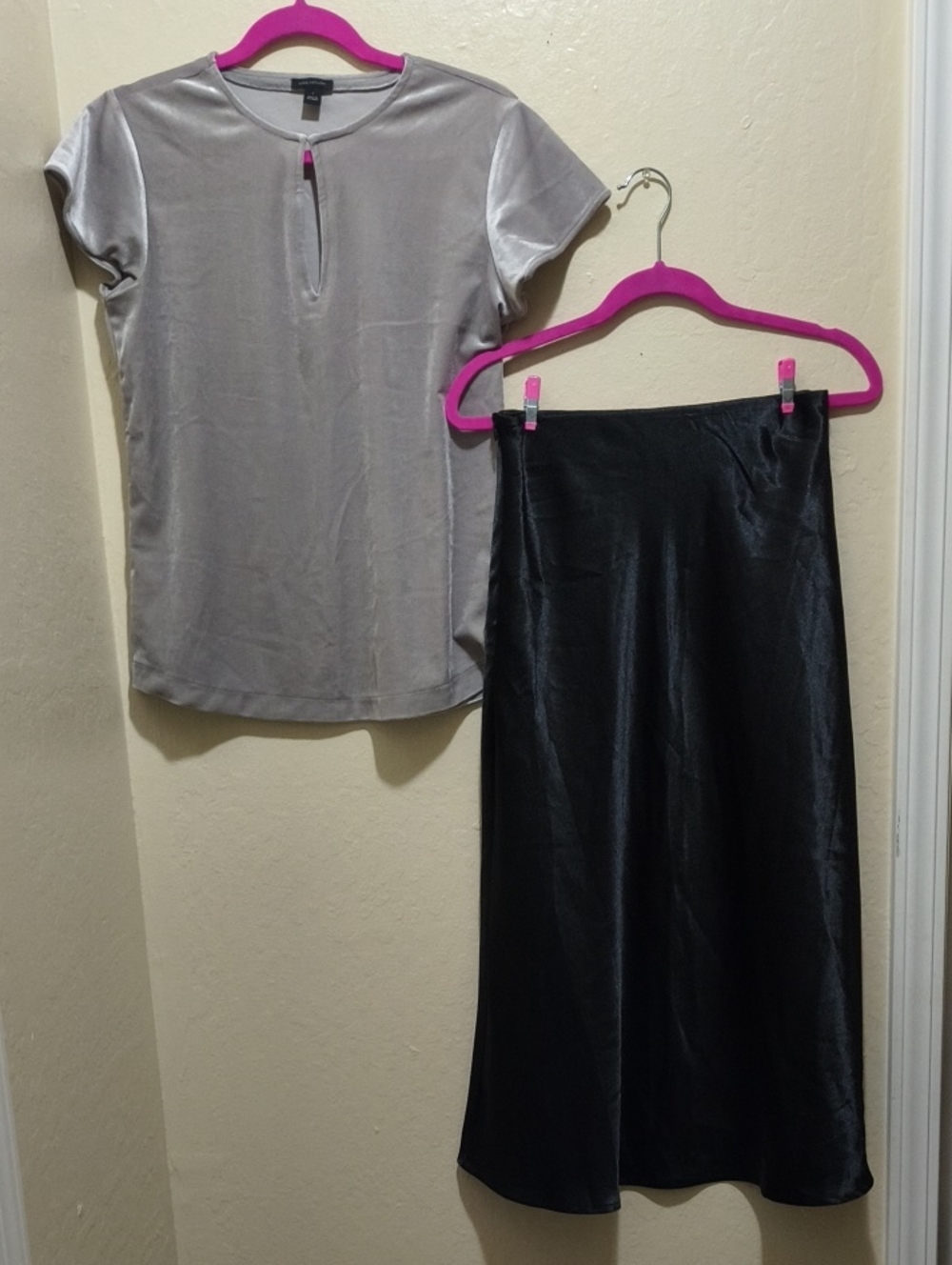 Black Satin Midi Skirt Paired With Velvet Shirt